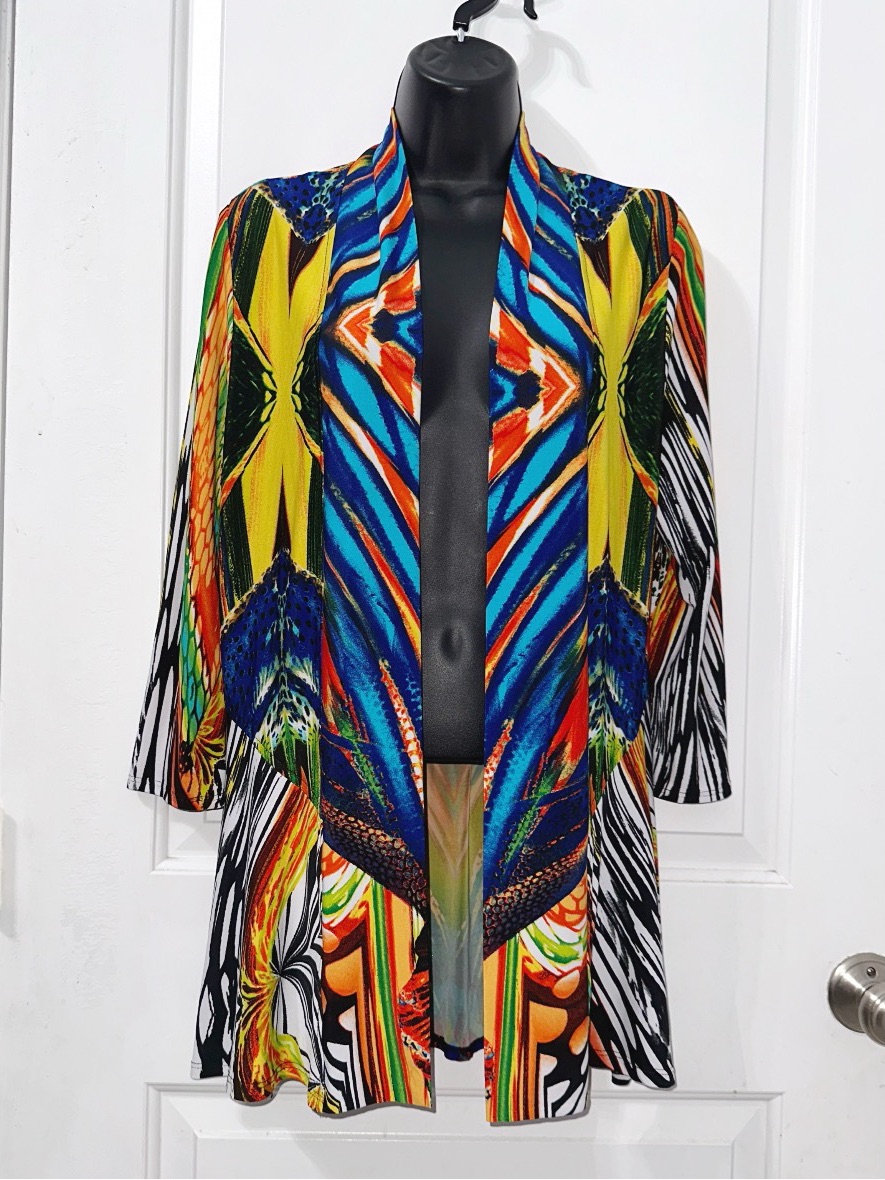 Frank Lyman Vibrant, Open-Front Cardigan With A Bold, Kaleidoscopic Print